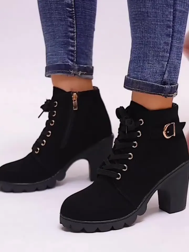 Women's High Top Zipper Side Lace Up Chunky Heel Short Boots, Faux Leather Casual Combat Boots Women's Shoes