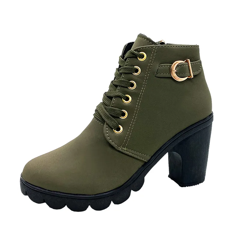 Women's High Top Zipper Side Lace Up Chunky Heel Short Boots, Faux Leather Casual Combat Boots Women's Shoes