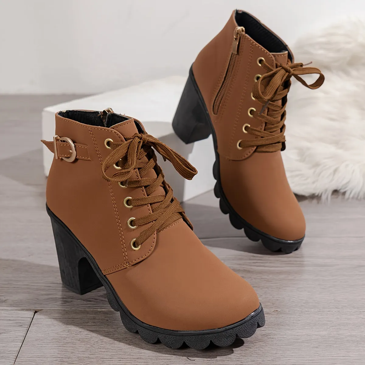 Women's High Top Zipper Side Lace Up Chunky Heel Short Boots, Faux Leather Casual Combat Boots Women's Shoes