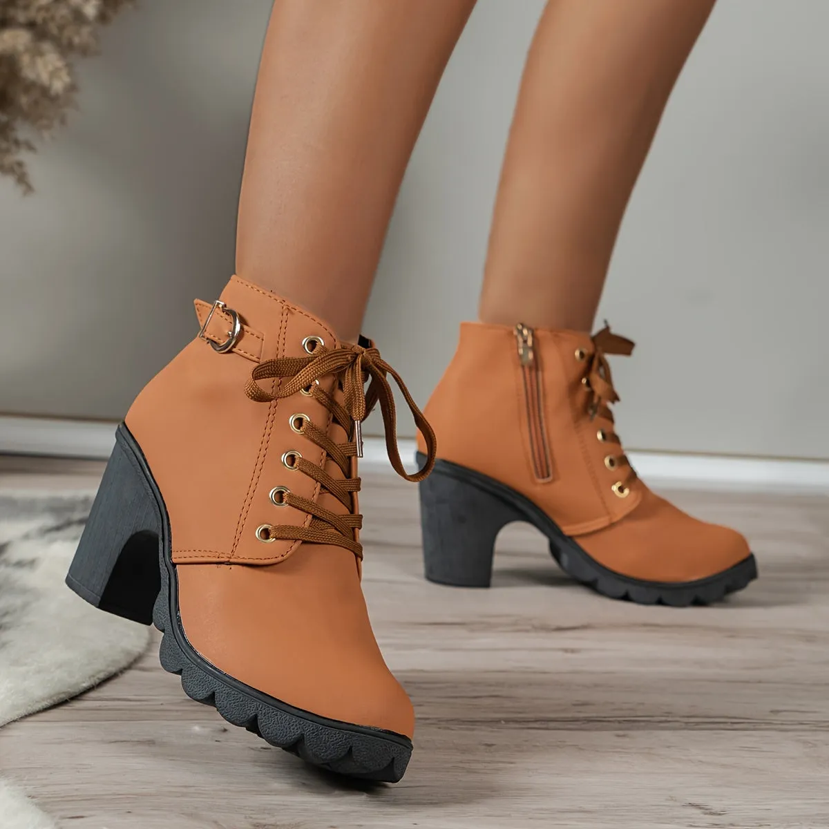 Women's High Top Zipper Side Lace Up Chunky Heel Short Boots, Faux Leather Casual Combat Boots Women's Shoes