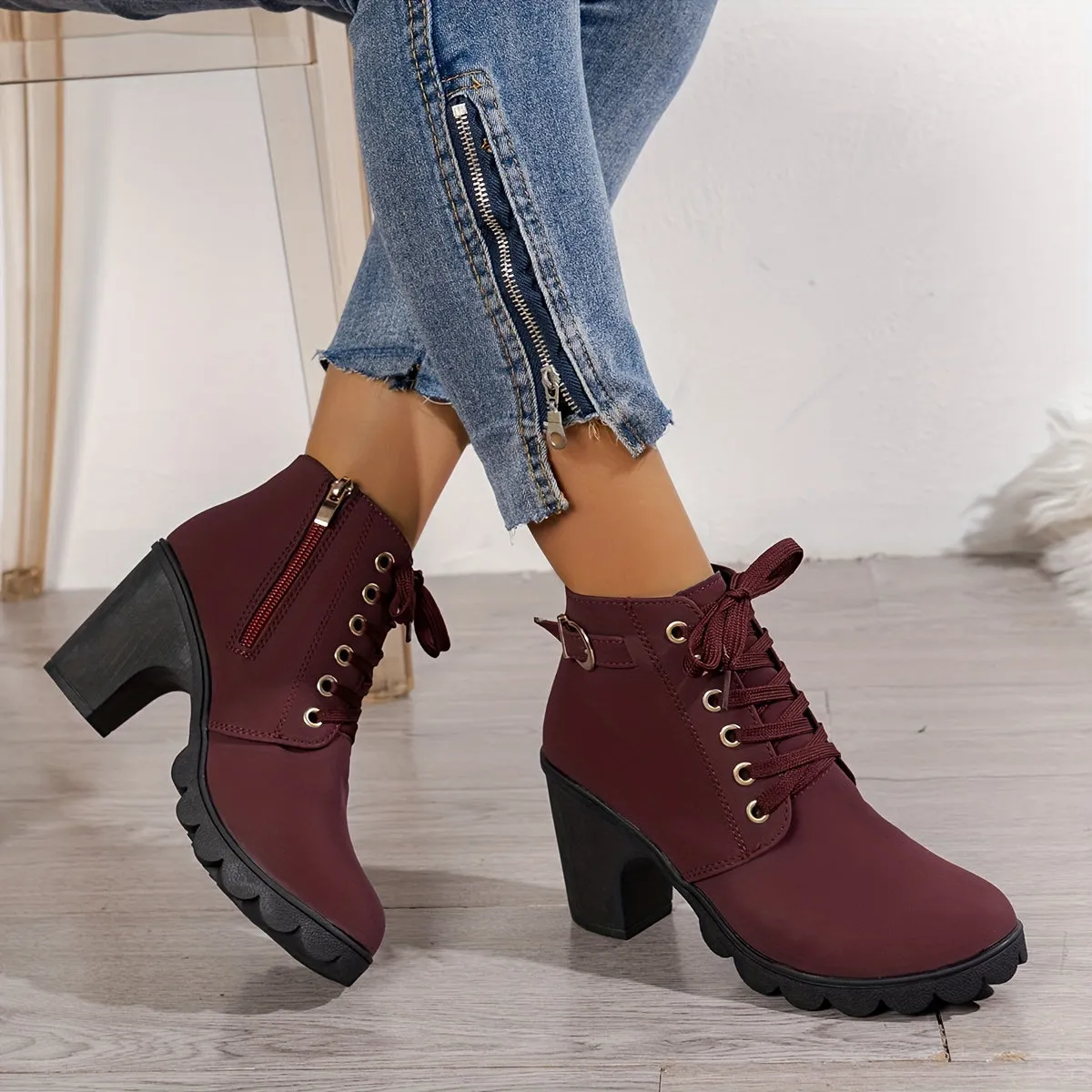 Women's High Top Zipper Side Lace Up Chunky Heel Short Boots, Faux Leather Casual Combat Boots Women's Shoes