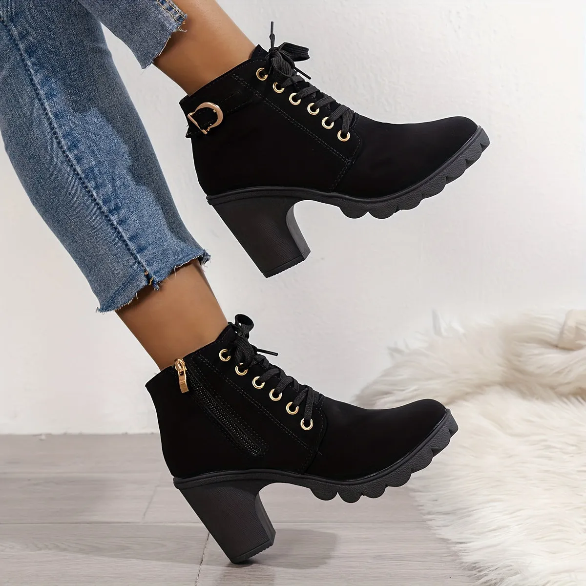 Women's High Top Zipper Side Lace Up Chunky Heel Short Boots, Faux Leather Casual Combat Boots Women's Shoes