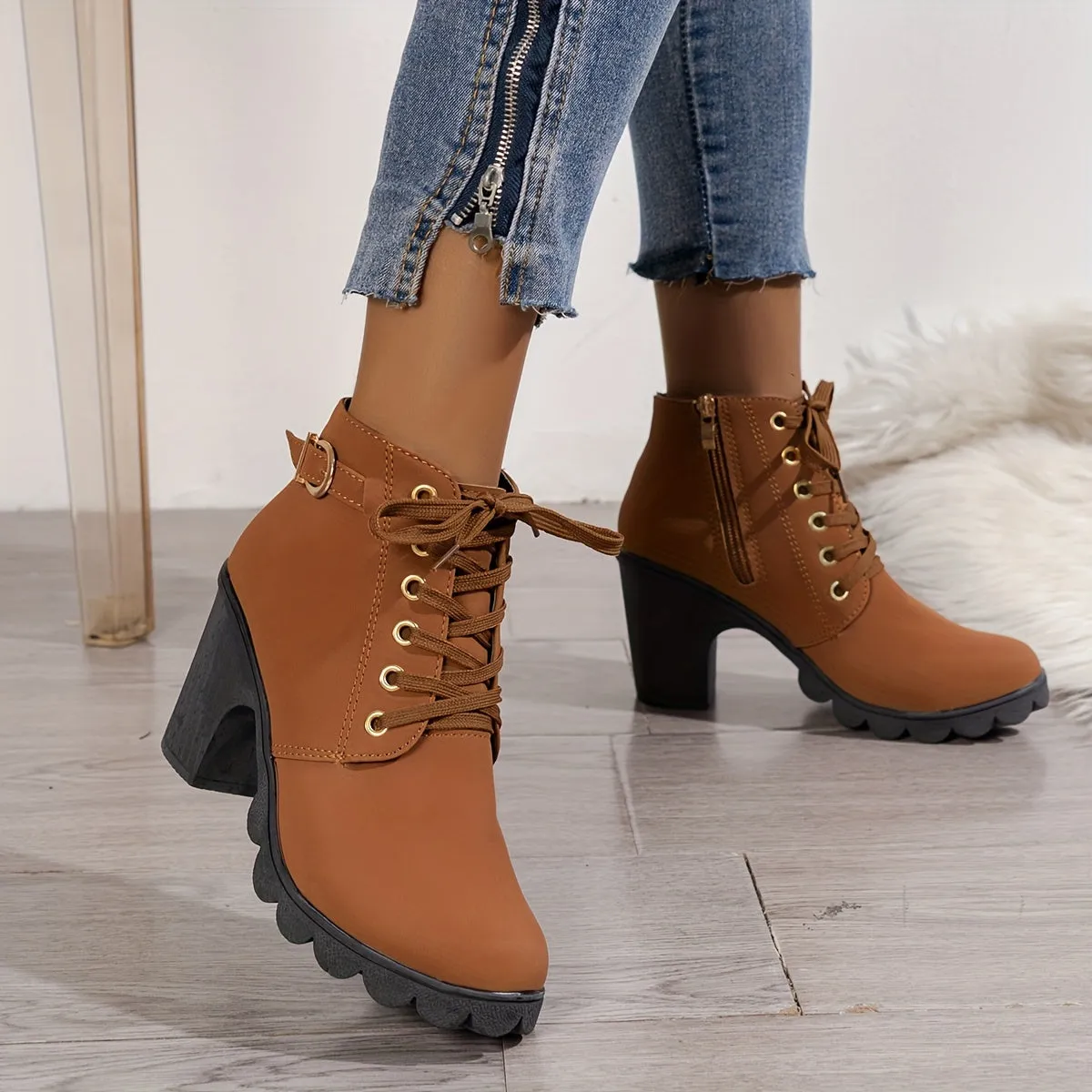 Women's High Top Zipper Side Lace Up Chunky Heel Short Boots, Faux Leather Casual Combat Boots Women's Shoes