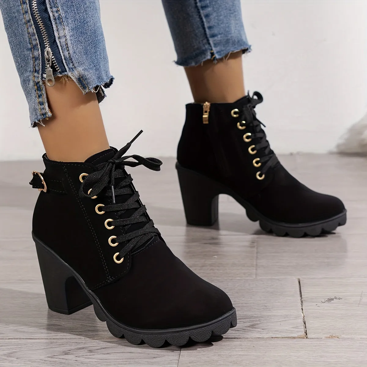 Women's High Top Zipper Side Lace Up Chunky Heel Short Boots, Faux Leather Casual Combat Boots Women's Shoes