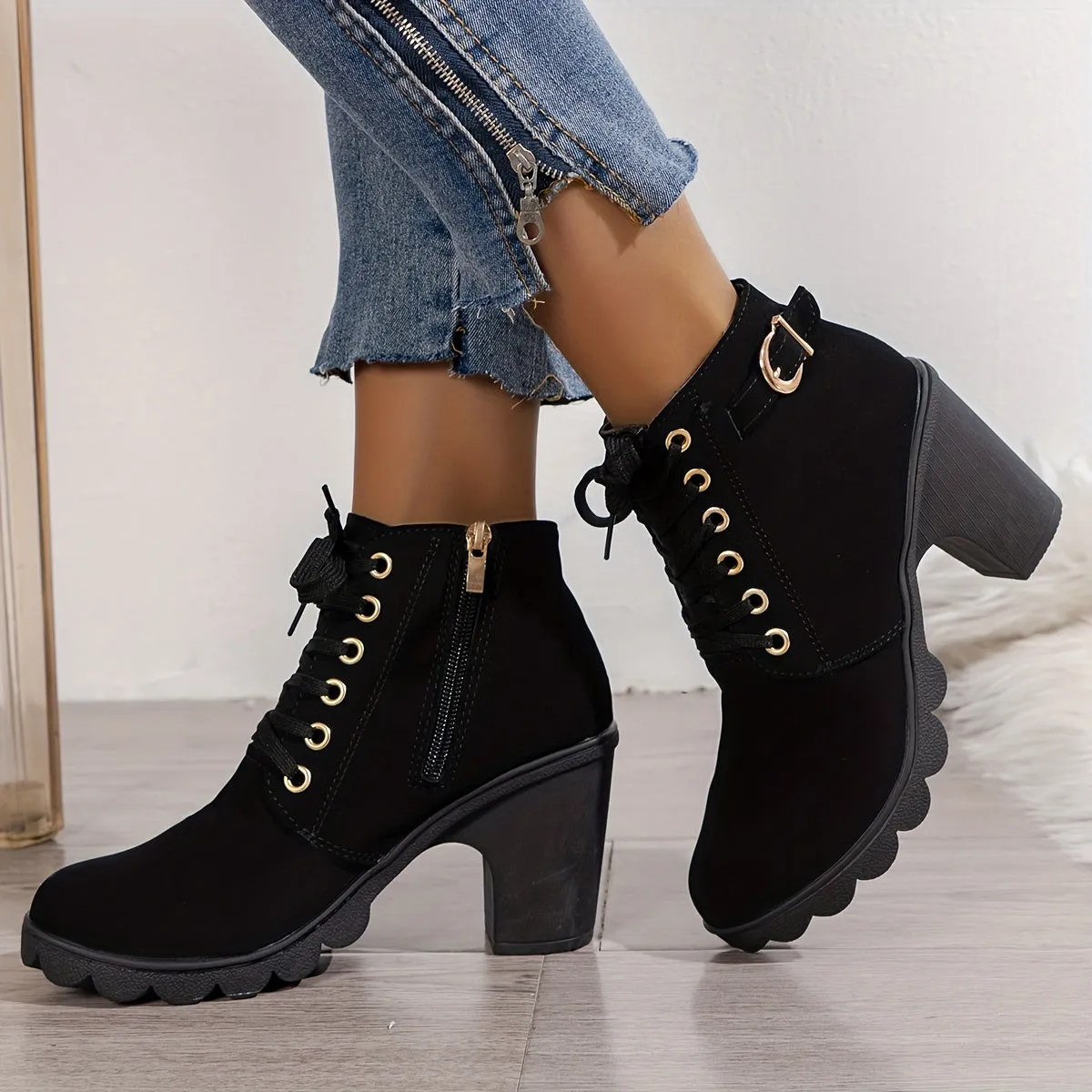 Women's High Top Zipper Side Lace Up Chunky Heel Short Boots, Faux Leather Casual Combat Boots Women's Shoes