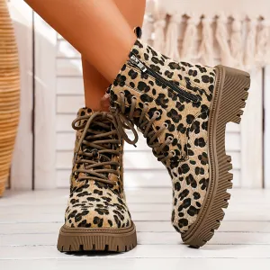 Women's Leopard Print Boots, Side Zipper Comfy Platform Soft Sole Boots, Winter Round Toe Ankle Boots