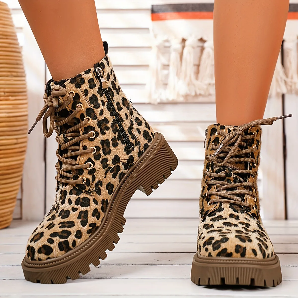 Women's Leopard Print Boots, Side Zipper Comfy Platform Soft Sole Boots, Winter Round Toe Ankle Boots