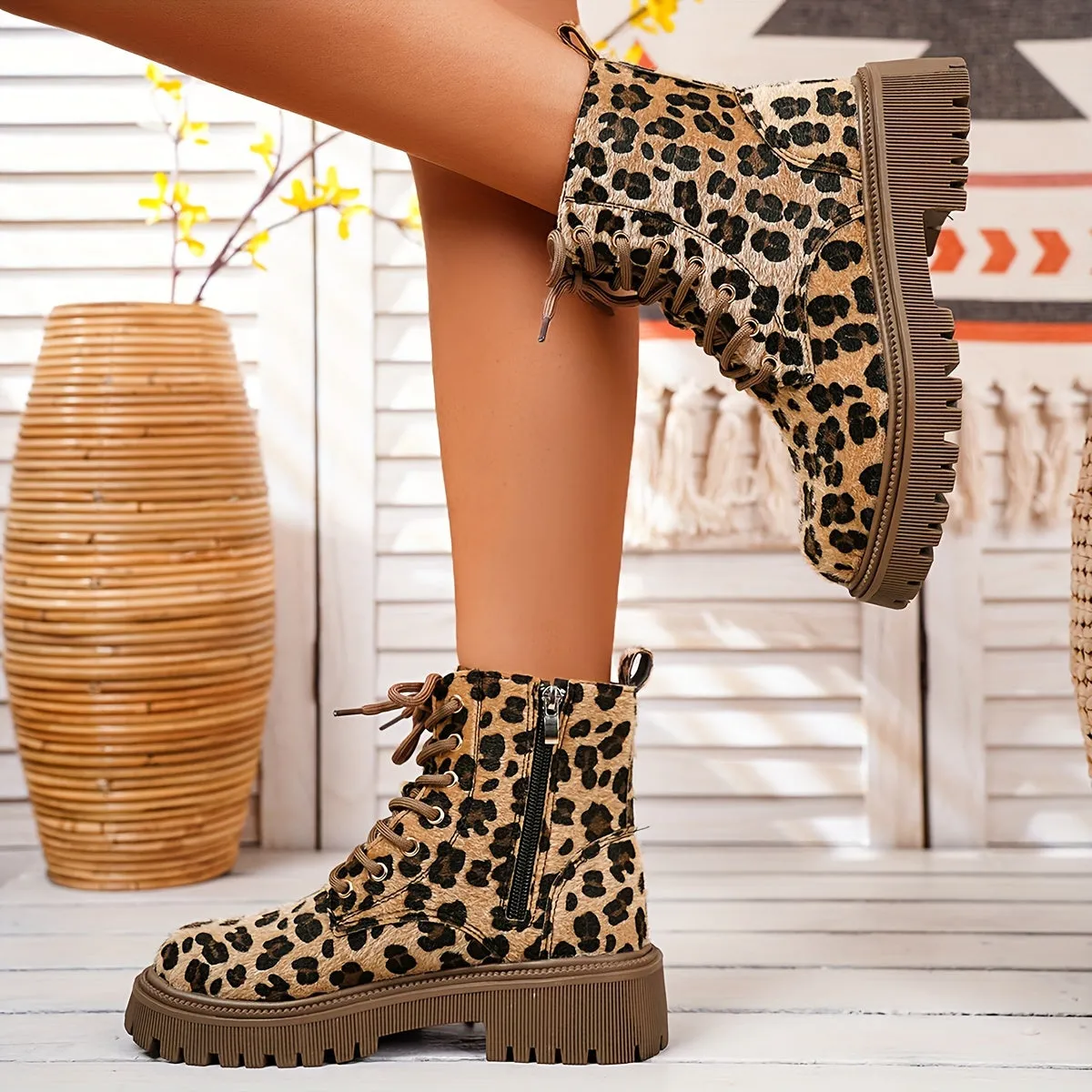 Women's Leopard Print Boots, Side Zipper Comfy Platform Soft Sole Boots, Winter Round Toe Ankle Boots